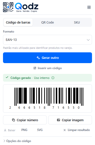 EAN-13 barcode generated in Qodz, with Copy number and Copy image options