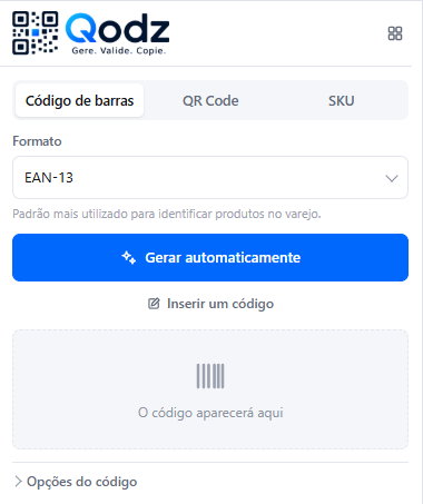 Qodz open in Chrome with EAN-13 selected and the Generate automatically button